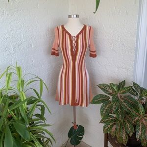 70s crochet knit lace up mini short sleeve dress